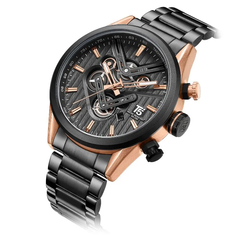 Black Rose gold Розовое золото мужские черные T5 кварцевые хронограф человек водонепроницаемый скелет роскошные мужские s часы Relogio Masculino наручные часы - Цвет: Black Rose gold