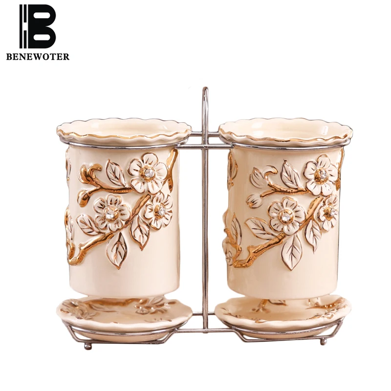 

European Style Relief Flower Ceramic Chopsticks Holder Home Kitchen Decoration Drain Water Shelf Spoon Knife Cylinder Tableware