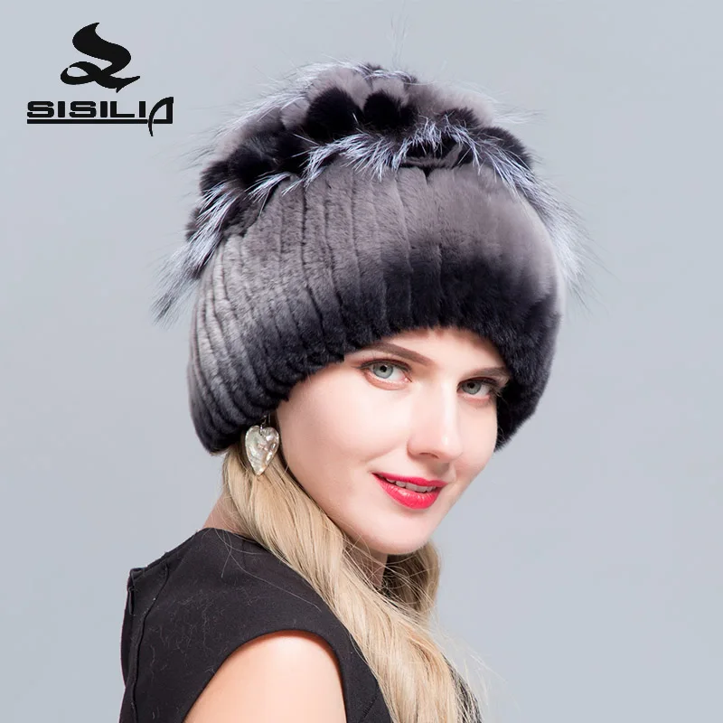 SISILIA 2018 НОВАЯ шапка из меха кролика рекс с лисьим мехом Siliver женская зимняя