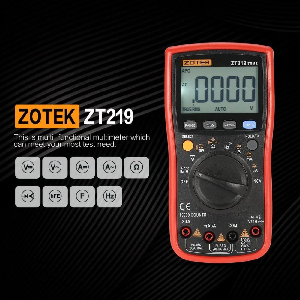ZOTEK ZT219 19999 отсчетов True-RMS Автоматический диапазон цифровой мультиметр AC/DC Напряжение Ток вольтметр Емкость Ом диод метр