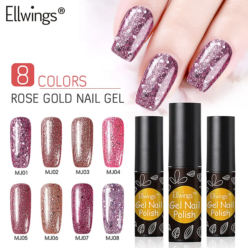 Ellwings Rose Gold Gel Nail Polish Glitter Color Varnish 8 Colors Soak Off UV Shiny Art Design Manicure Tool | Красота и здоровье