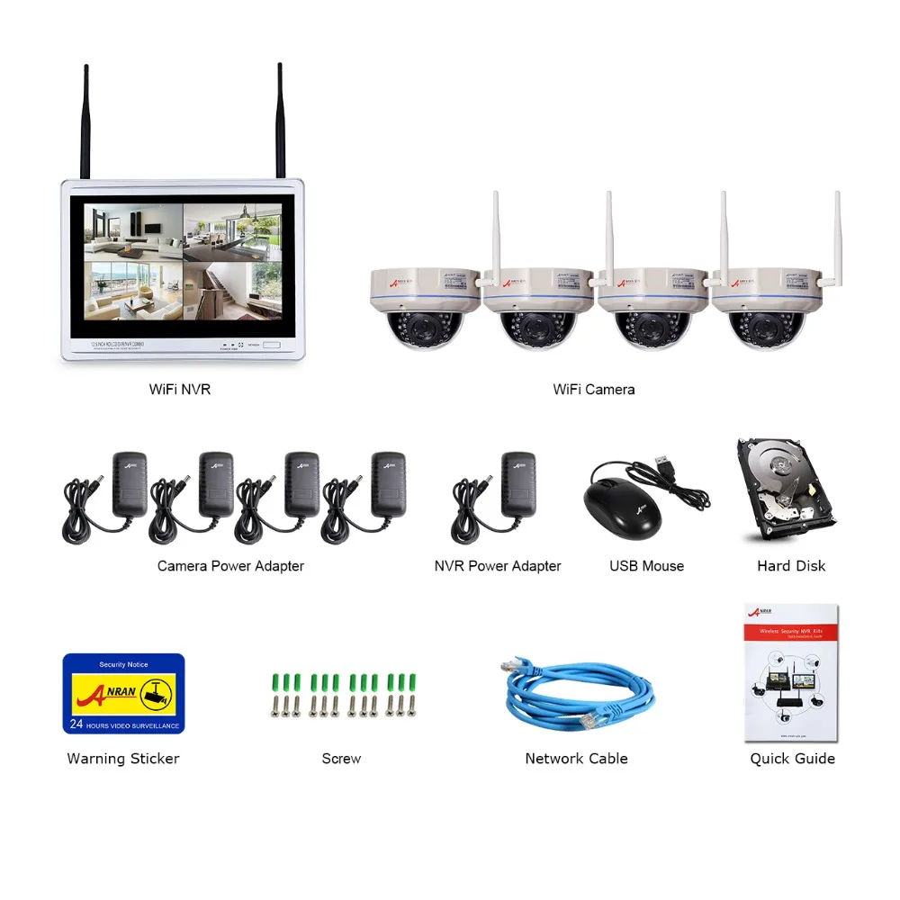 ANRAN наблюдения P2P 4CH WI-FI NVR 12'LCD монитор антивандальные купольные открытый 30 ИК 1080