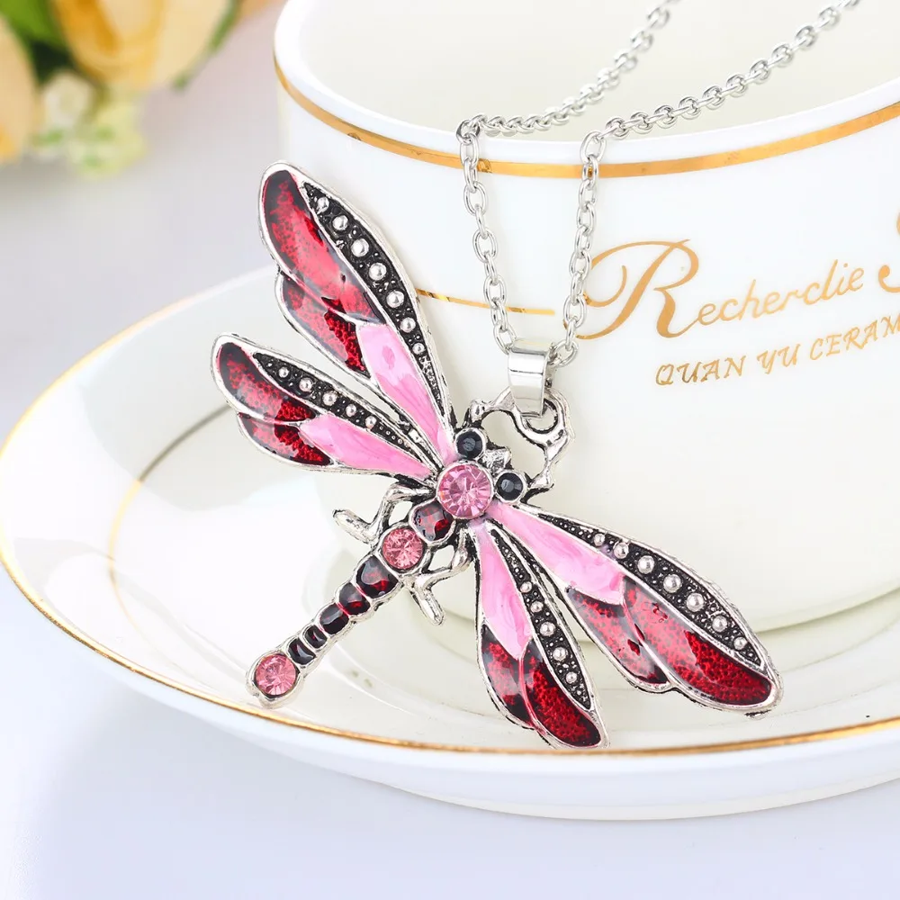 

24PC/Lot Enamel Pink Red Crystal Dragonfly Pendant Necklace Bohemia Charm Jewelry Women Friends Party Prom Choker Collar Gifts