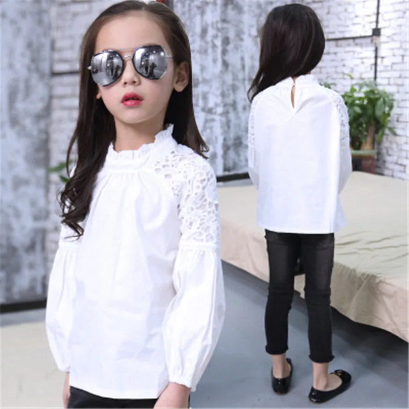 New Full Sleeve White Girls Shirts for School O-neck Girl Blouses Solid Tops Teenager Kids Children Clothing Clothes