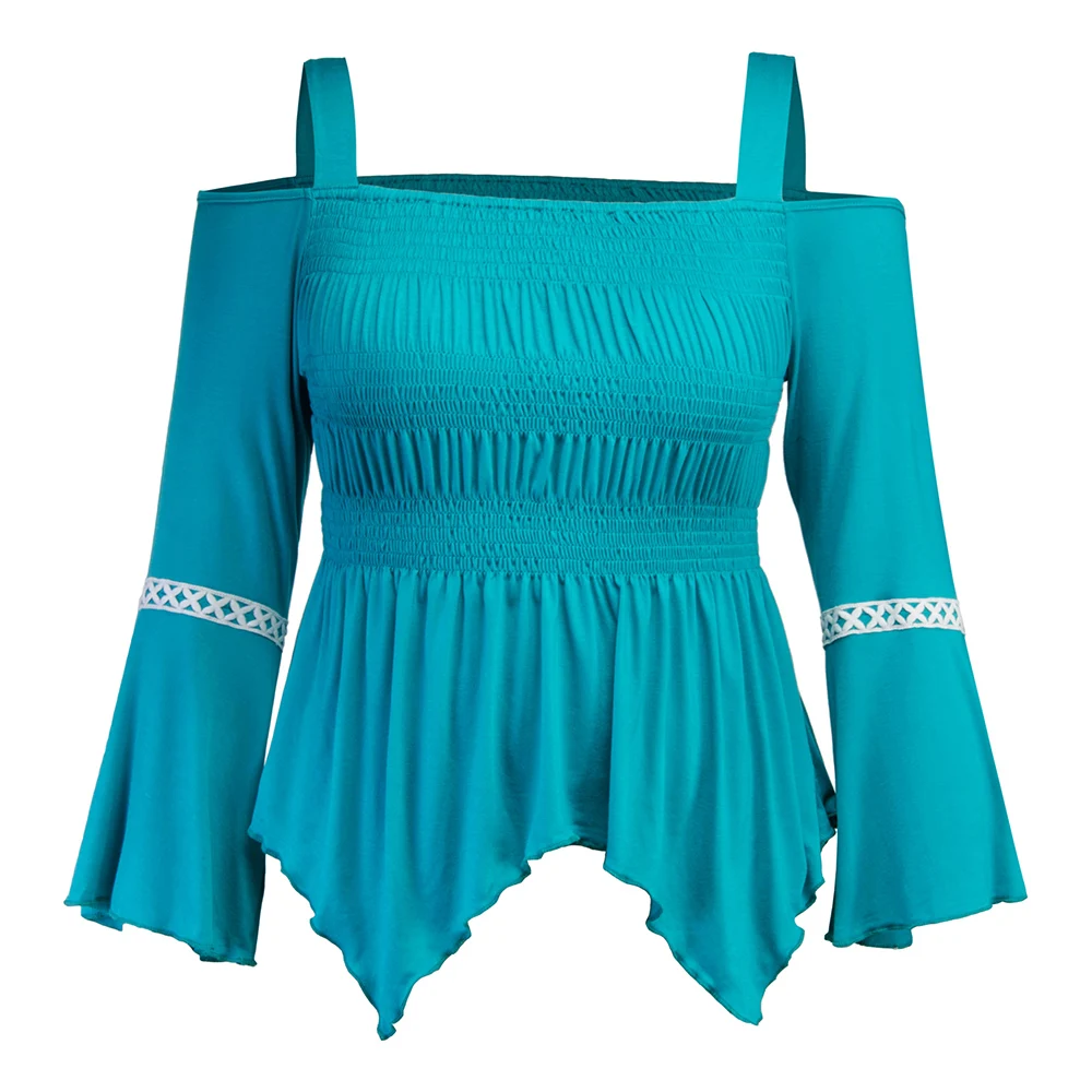 Wipalo Women Plus Size Off Shoulder Bell Sleeve Irregular Hem Top Long Sleeves Solid Bodycon Casual T-Shirts Slim Ladies Tops | Женская