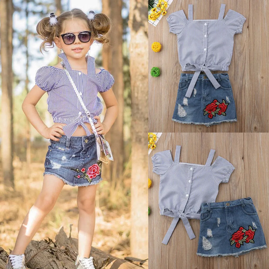 Одежда для маленьких девочек футболка в полоску с короткими рукавами и цветочным