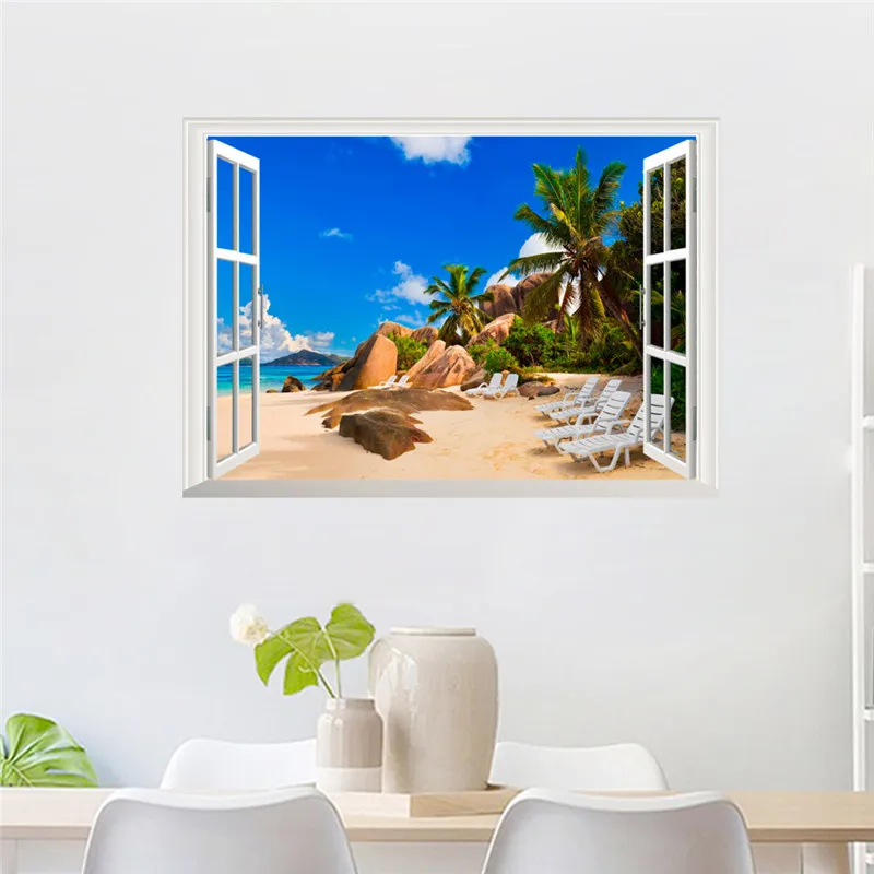 3d наклейки на стену с изображением морского пляжа окон природный пейзаж