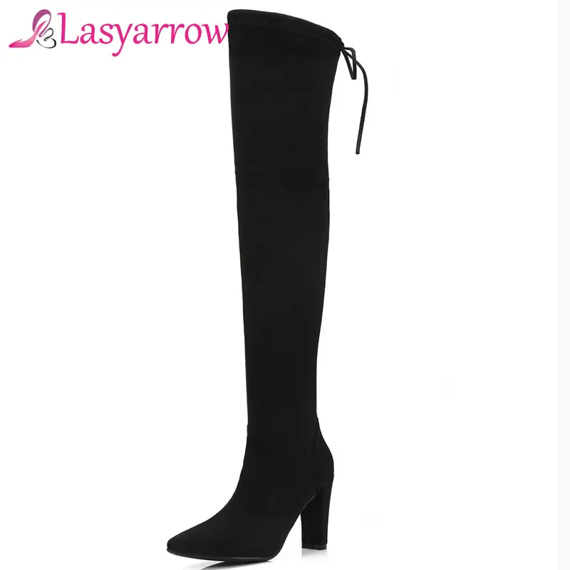 Lasyarrow/тонкие женские сапоги из флока туфли-лодочки на высоком массивном каблуке