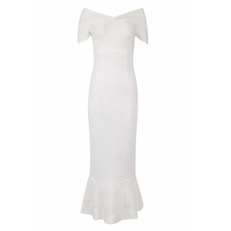 2019 Newest White Short Sleeve Elegant Celebrity Women Bandage Dress Off The Shoulder Solid Mermaid V neck Vestidos Club Festa | Женская
