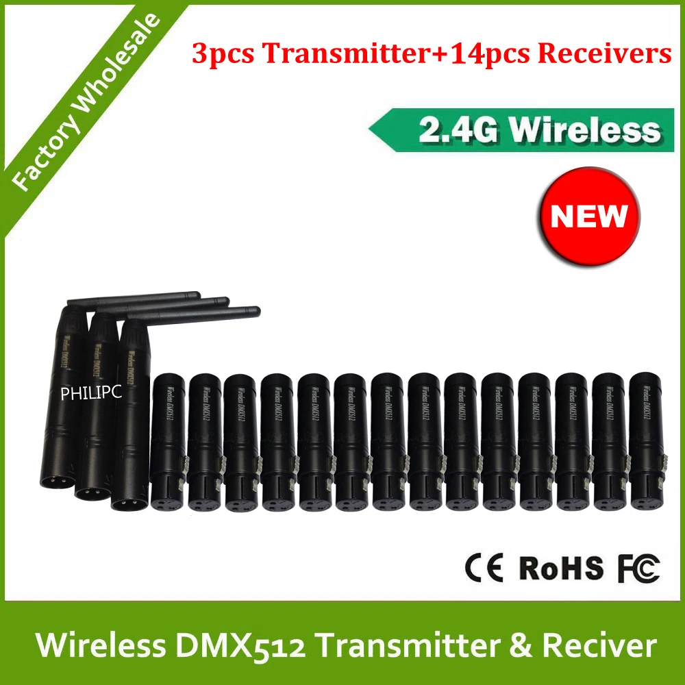 

DHL Free Shipping 2.4G Wireless DMX512 signal Controller 3PCS DMX 512 Transmitter 14PCS DMX512 Receiver For Stage DJ Lighting