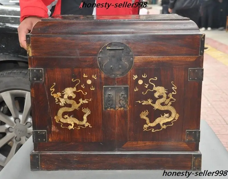 

Christmas Huge Old Huanghuali inlay Shell Dragon drawer cabinet Treasure chest storage box Halloween