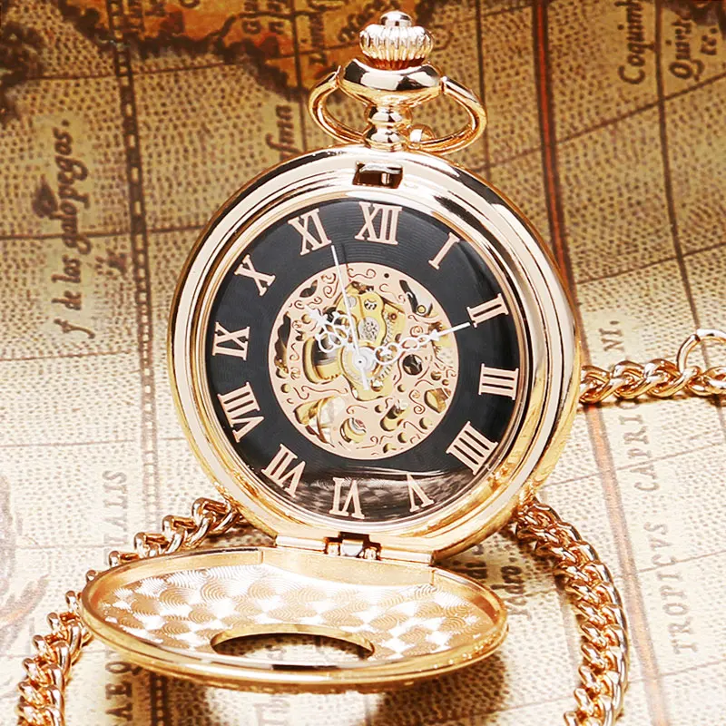 Модные розово Золотые механические карманные часы с ручным заводом ожерелье