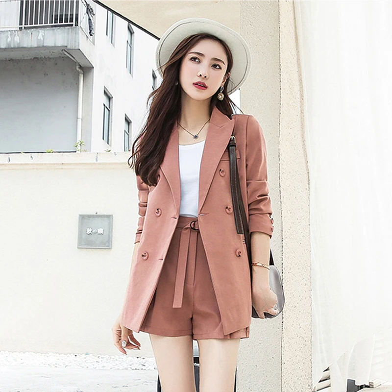 

Casual 2 Pieces Set Fashion Short Suits Notched Collar Blazer Jacket & Sashes Women Shorts Pant Suits Wear to Work Suits 2018