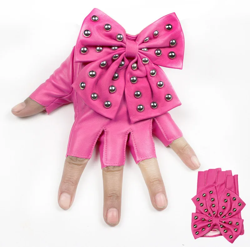 Длинные женские кожаные перчатки, черные перчатки без пальцев из искусственной кожи, варежки с большим бантом, женские перчатки для танцев, SXJ81