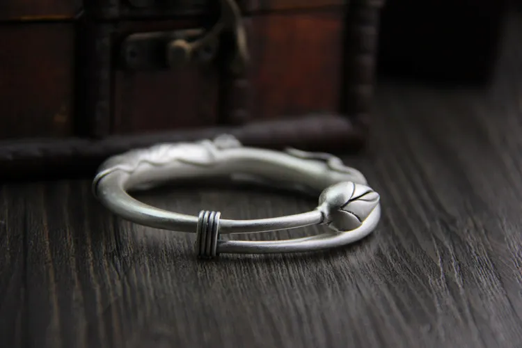 Pure Silver Ethical 925 Sterling Thai Bracelets Bangles Vintage Matt Open Size S925 Bangle Jewelry With Lotus Leaf Seed | Украшения и
