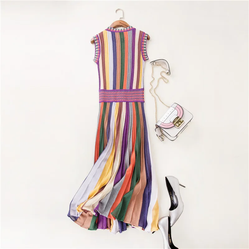 Qooth летняя модная женская одежда трикотаж Радужный полосатый свитер платье с