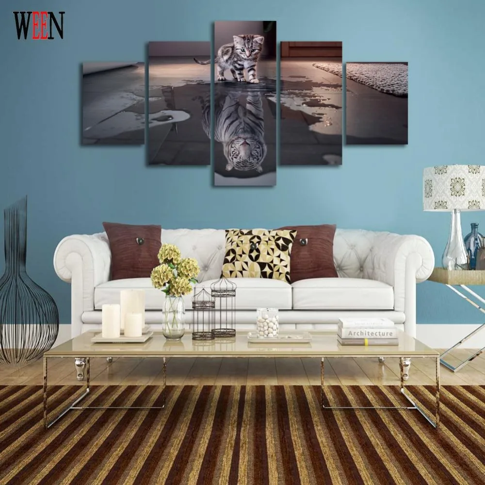 5 шт. Картина на холсте с изображением кота и тигра HD печать для гостиной
