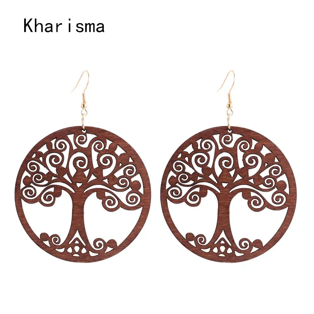Модные круглые деревянные серьги подвески для женщин в этническом