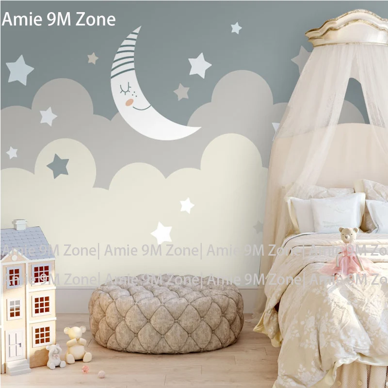 

Nordic cream and pale grey moon and cloud pattern for home kid's decoration for bedroom wallpaper decor