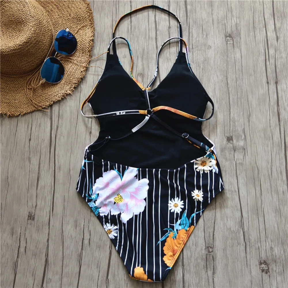 

2019 New Women Printed One Piece Swimsuit Cross Bandage Bikini Floral biquini Monokini Swimwear Bathing Beachwear sexy bodysuit