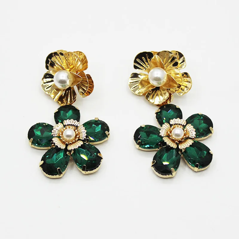 Модные Винтажные золотой цветок зеленый кристалл камень длинные висячие серьги