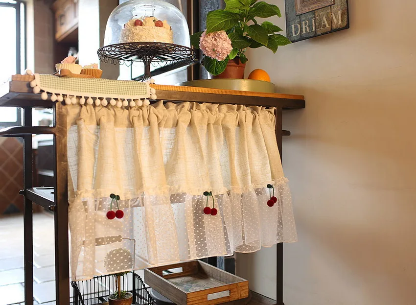 1 PCS Rod Pocket Cherry Lace Half Curtain Living Room Divided Beige Linen Short Curtain Kitchen Cabinet Cafe Drapes Home QT048D3