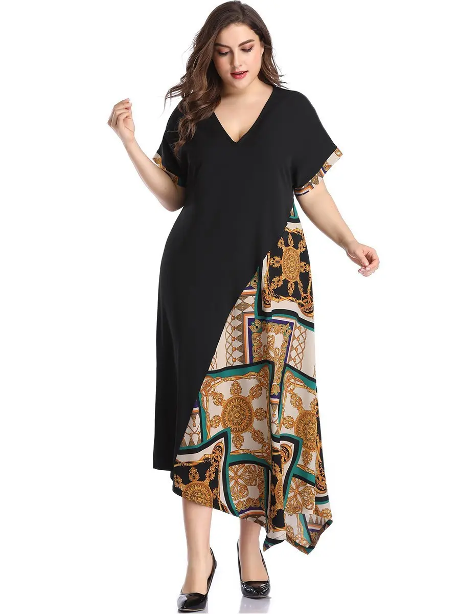 

XL-5XL irregular print beach dress big size patcwork maxi long dress plus size women summer dress elegant casual large vestidos
