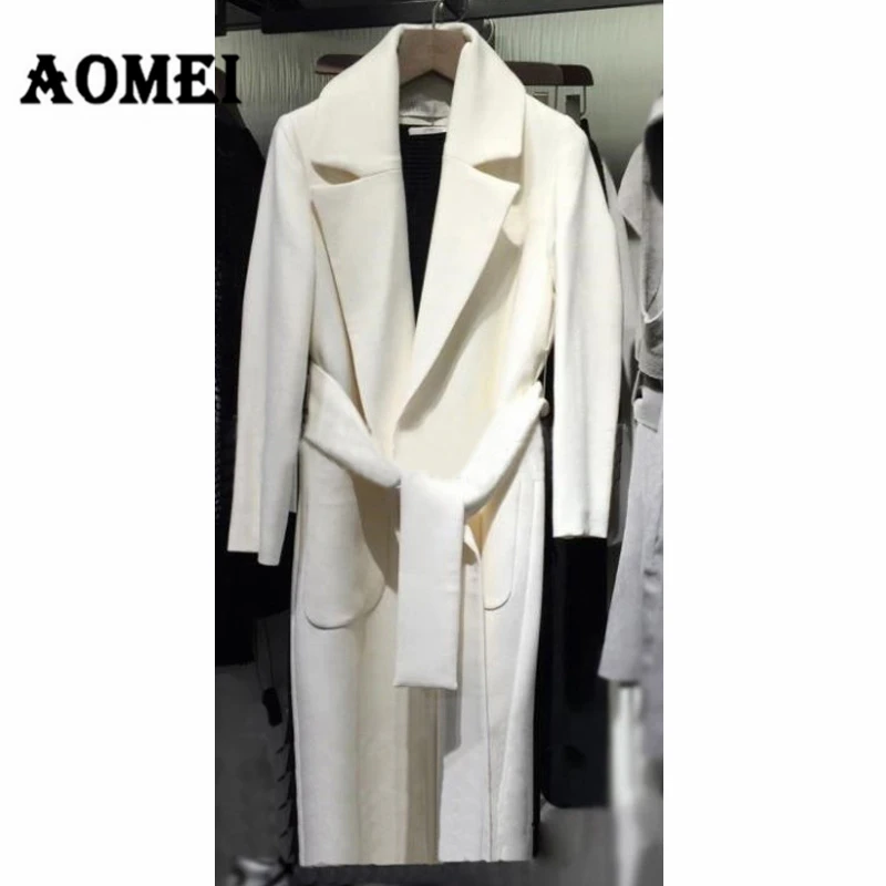 

Women Wool Coats White with Waistband Solid Long Trench Winter Lady Outerwear Clothes Autumn Fall Cardigan Overcoat Cape Jackets