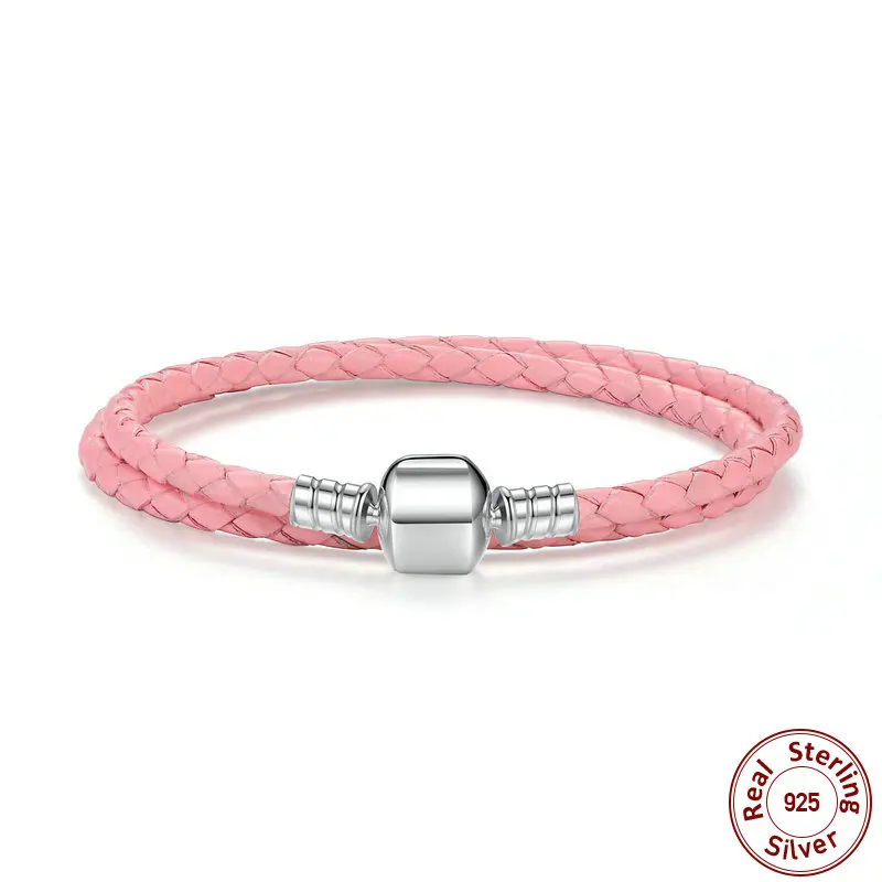 Pink 38cm 925 пробы, серебряный, натуральная кожа, длинная цепочка, регулируемый, Homme Femme, браслеты для женщин, со змеиным замком, ювелирное изделие, WEUS908 - Окраска металла: Pink 38cm