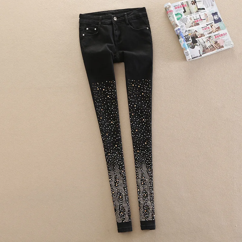 

2019 Plus Size 26-32 ! Women Luxury Rhinestones Diamond Denim Jeans Women Skinny Stretch Pencil Slim Vintage jeans women pants