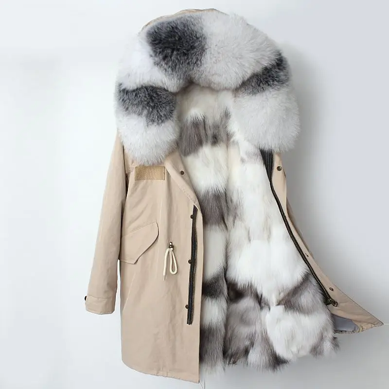 Золотой New Fashion Winter Women Real Fox Fur Coat Outerwear Female Naturel Fox Fur Collar Hooded Warm Thicken Jacket Plus Size H12 - Цвет: Золотой