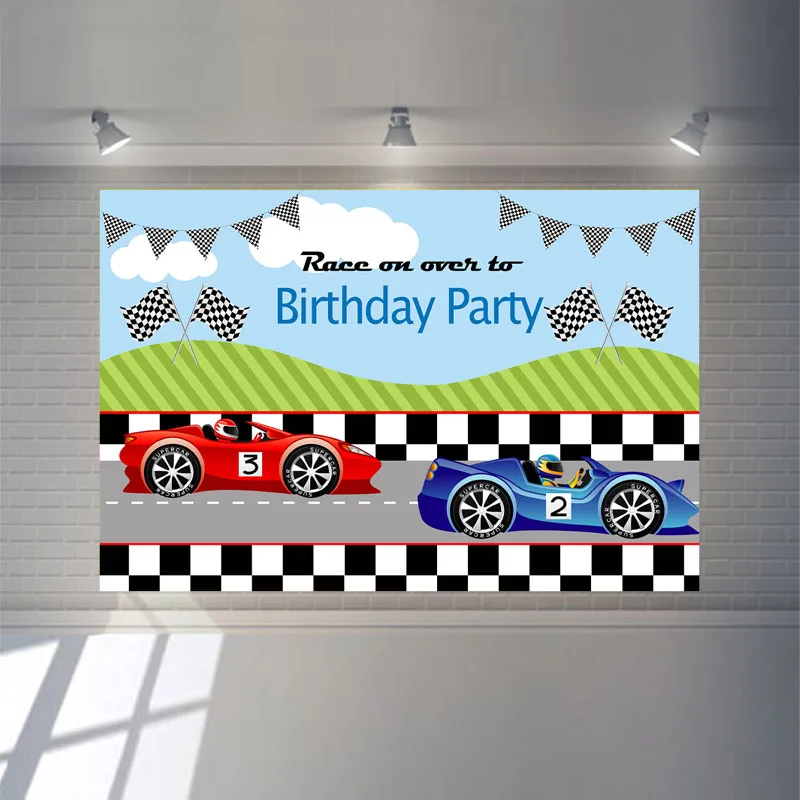 Фон для фотосъемки с надписью NeoBack Racing theme Boy Happy Birthday флагом красного и синего