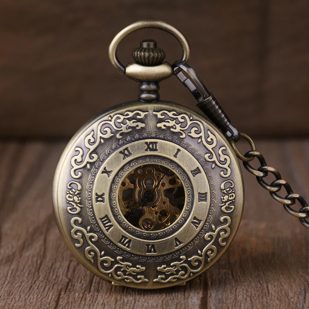 Antique Moire Design Hollow Manual Mechanical Pocket Watch Vintage Steampunk Necklace Pendant Accessories Clock Men's Gift