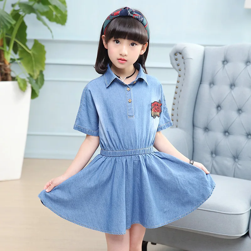 Rlyaeiz Fashion Girls Dress 2018 Summer New Style Floral Embroidery Denim Kids Dresses For Clothes 4-13 Age Robe Fille | Детская одежда
