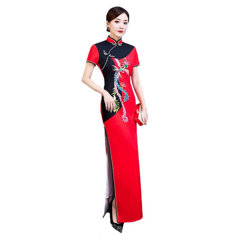 Красный плюс размер 5XL белый синий китайский винтажный Печатный женский Qipao Мода