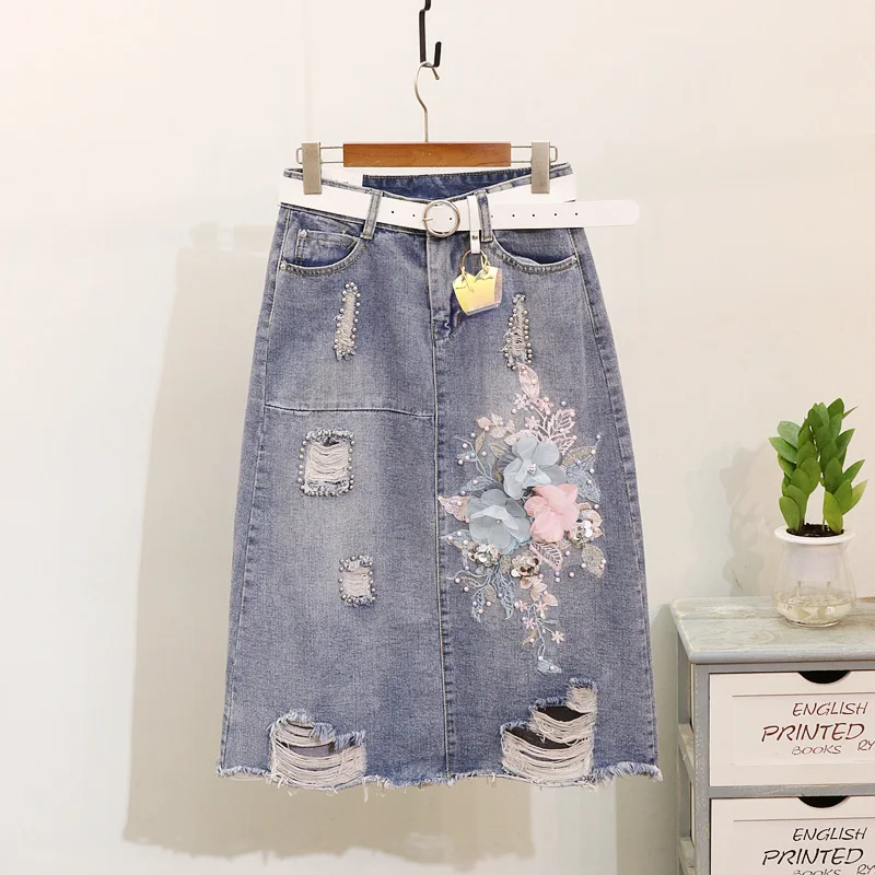 Футболка с вышивкой и дырками джинсовая юбка женский костюм Повседневная летняя