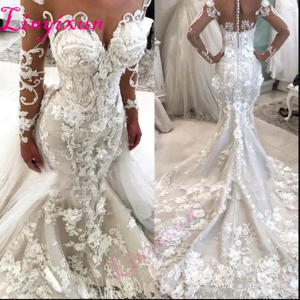 

2019 Glamorous Mermaid Wedding Dresses with Detachable Train Illusion Sheer Neck Long Sleeves Flowers Luxury Bridal Gowns