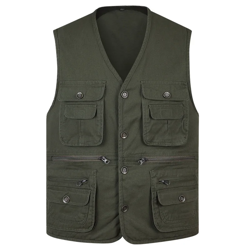 

Summer Autumn Vest Men Casual 100%Cotton V Neck Sleeveless Jacket Men With Many Pockets gilet homme Single Breasted Waistcoat