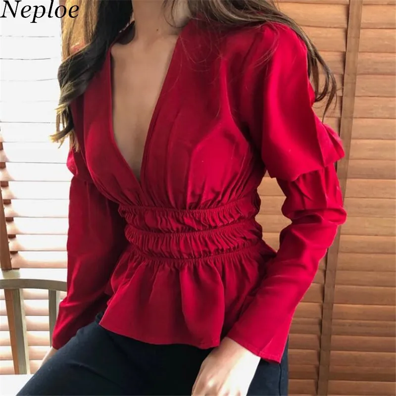 Neploe Новинка весны однотонные красные с длинным рукавом Для женщин блузка Sexy v