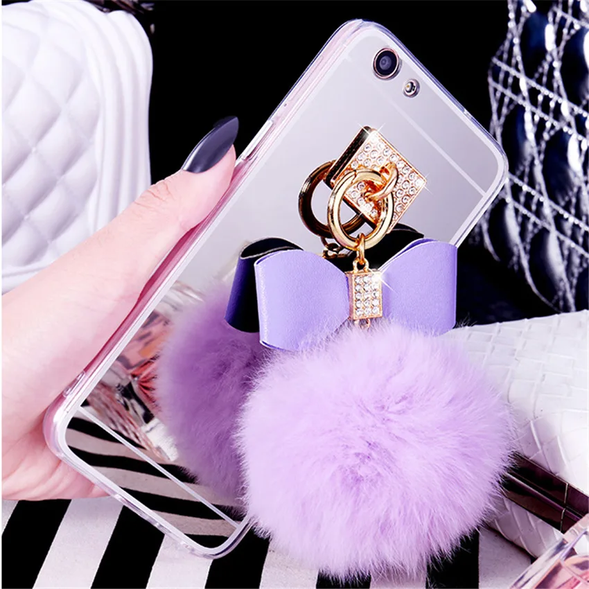 Luxury Rhinestone Mirror Case For iPhone X Cute Fur Ball Tassel Clear Soft Phone 5S 6 6S Plus 8 7 Capa |