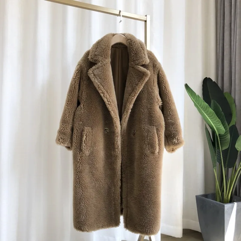 camel Роскошные куртки с натуральным мехом, женские пальто из овечьей шерсти, свободные Модные Роскошные теплые толстые, зимняя верхняя одежда, парки с отворотом, Женское пальто - Цвет: camel