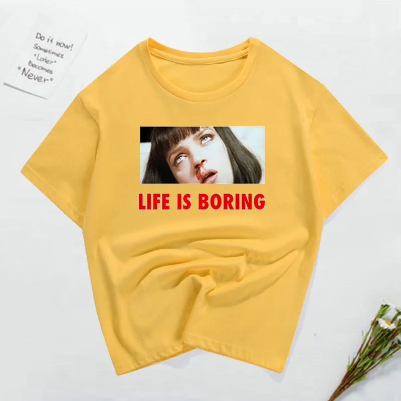 Пародия Харадзюку белая женская футболка летняя новинка футболка Femme Life is Boring буквенный принт Женская футболка размера плюс - Цвет: yellow