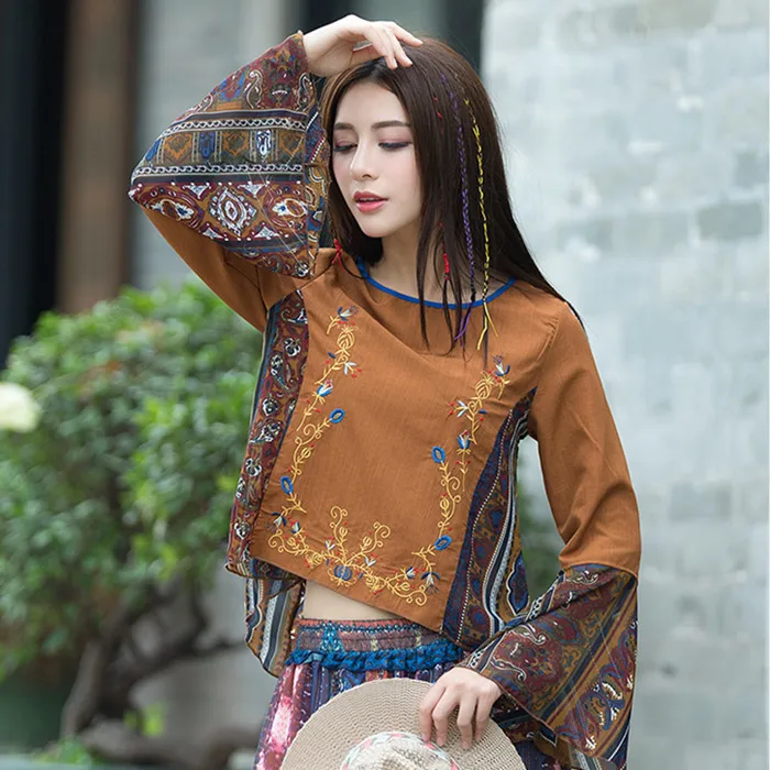 Ethnic Flower Embroidered O-neck Flare Sleeve women shirts korean fashion clothing womens tops and blouses | Женская одежда