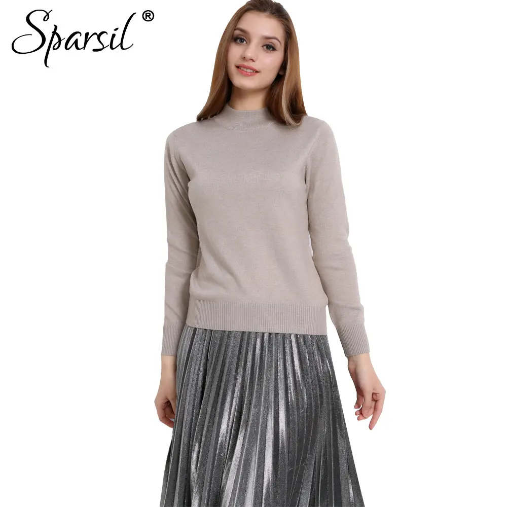 Sparsil Women's Autumn Half-Height O-Neck Cashmere Knitted Pullover Rib Sleeve 10 Colors Knitwear Thin Sweaters Slim Style | Женская