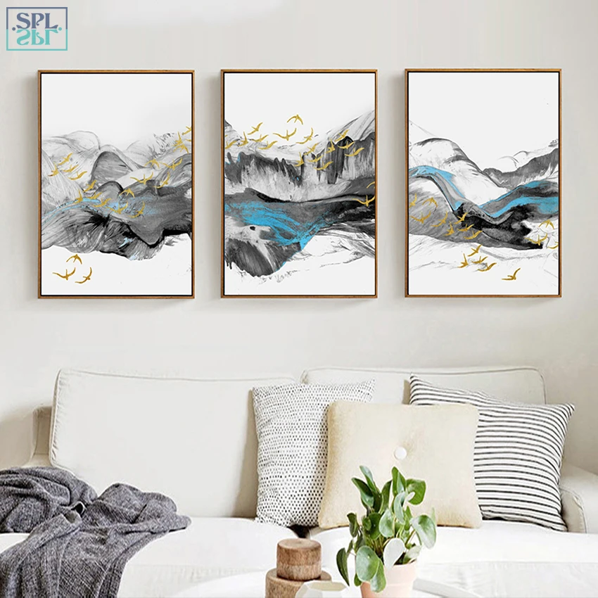 Настенная картина в китайском стиле абстрактная с синими чернилами | Дом и сад