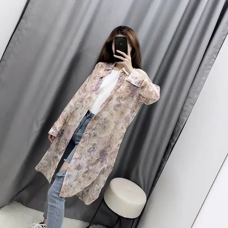Солнцезащитная рубашка Лето 2019 Новая мода цветочные принты прозрачный шифон