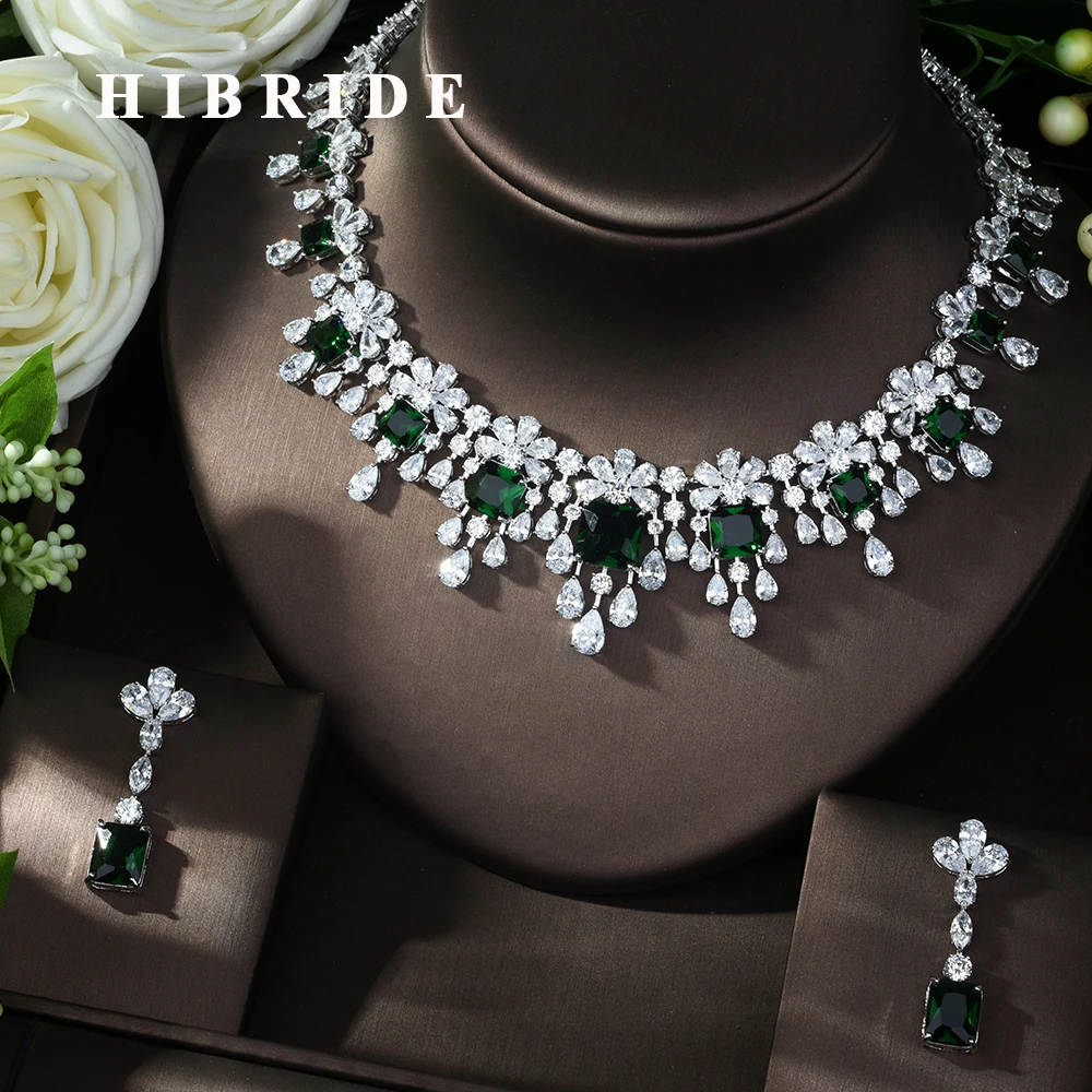 

HIBRIDE Newest Luxury Sparking Brilliant Cubic Zircon Necklace Earrings Wedding Bridal Jewelry Sets Dress Accessories N-988