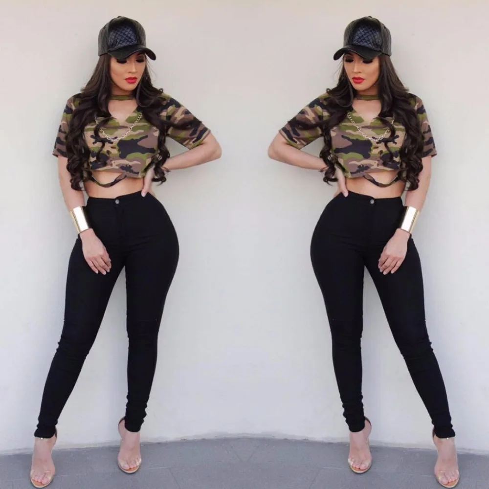 Мода Камуфляж печати Для женщин Топ Холтер рубашка крутая футболка | Женская