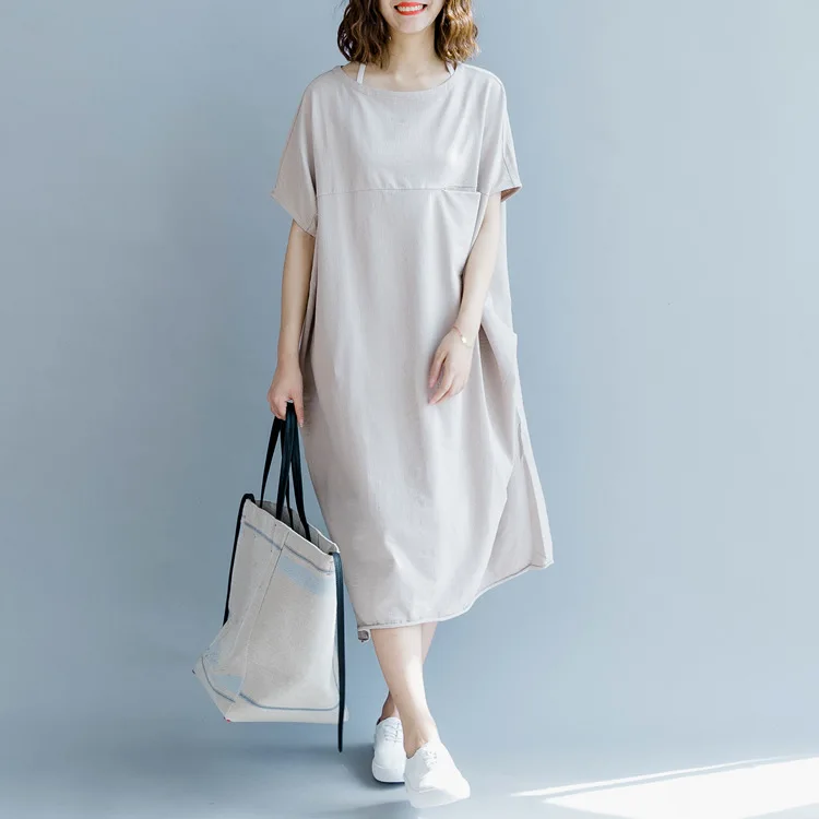 Женские повседневные свободные платья Johnature однотонные с коротким рукавом лето