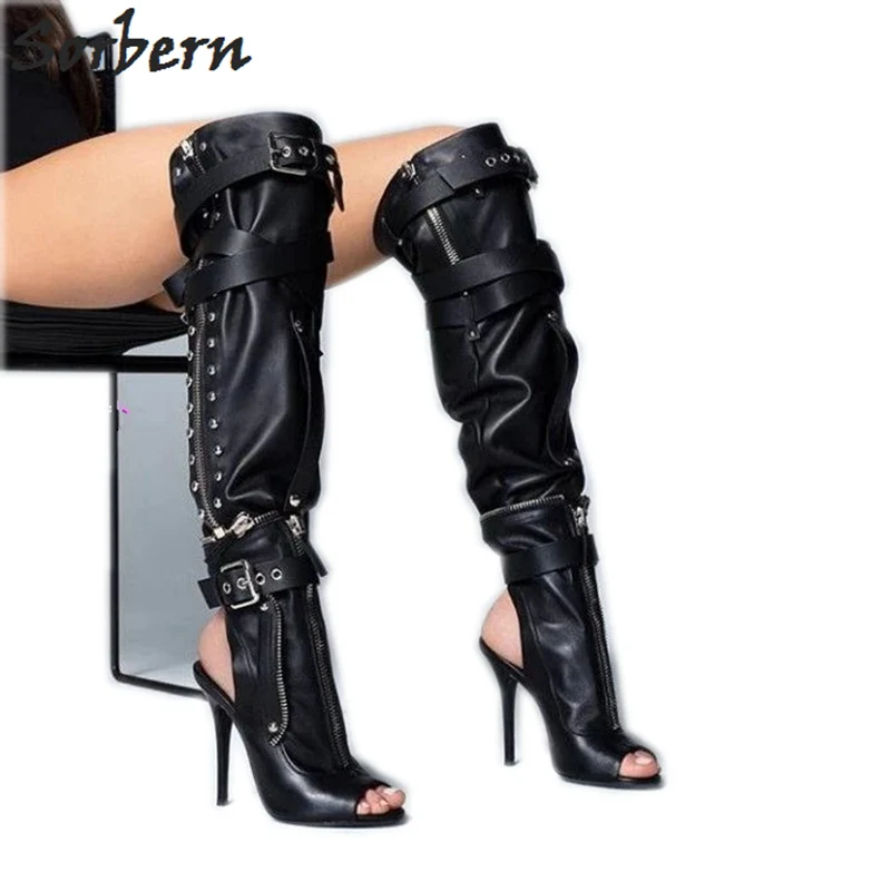 

Sorbern Strap Wrapped Knee High Boots Ladies Stilettos High Heels Open Toe Spring Booties Open Heels Custom Wide Fit Shoe Female